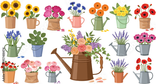 Vintage Style Spring Flower Arrangement Set with Sunflowers and Lavender in Rustic Watering Cans, Metal Buckets, and Gardening Pots for Floral Design Projects