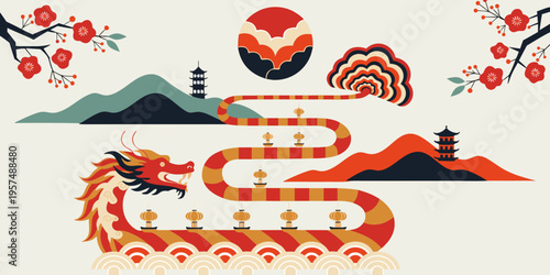 Vibrant illustration of a Chinese dragon winding through a scenic landscape with pagodas and cherry blossoms in a traditional design