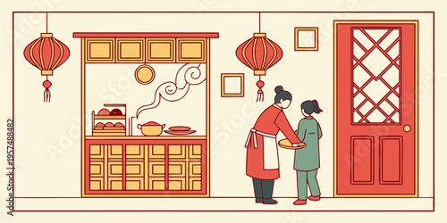 Woman in red dress handing something to a girl in a green dress standing by a door