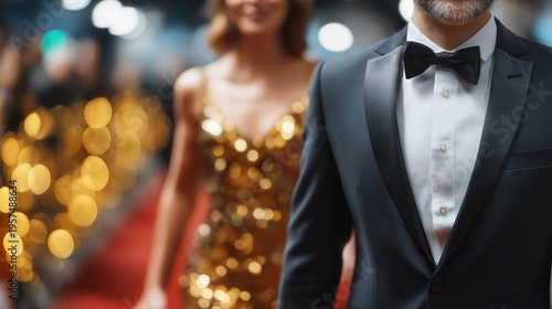 Elegant man in tuxedo walks a red carpet event