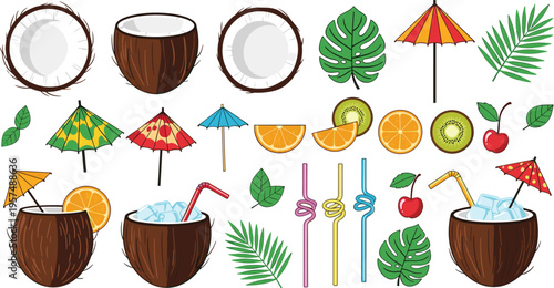 Tropical coconut cocktail vector collection featuring fresh coconut water drinks with ice cubes colorful paper umbrellas straws palm leaves kiwi orange slices and cherries isolated on white background