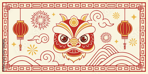 Vibrant Chinese lion dance head surrounded by festive lanterns and fireworks