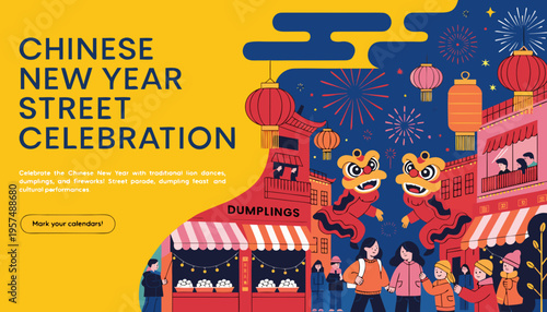 Chinese New Year street celebration with lion dancers and dumplings