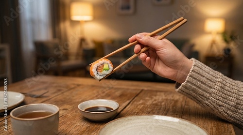 Hand holding sushi roll with avocado and fish using wooden chopsticks over wooden table with soy sauce bowl and tea cup in cozy dining setting