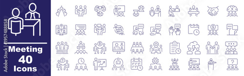 Meeting & Conference Line Icons – Business Collaboration Outline Set