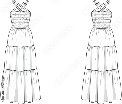 Women strap maxi dress vector fashion flat sketch front and back view smocked bodice design