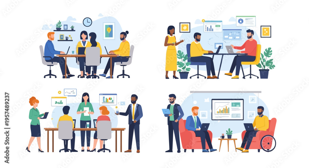 Fototapeta premium Diverse Business Teams Collaborating in Modern Office Environments with Data Analytics and Technology