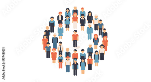 Diverse Crowd of People Icons Forming a Circle Representing Community and Global Network