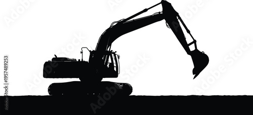 Silhouette of heavy excavator with articulated arm and bucket on tracks, construction machinery for digging, demolition, earth-moving, industrial equipment, and building site engineering illustration