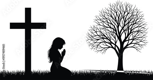 Silhouette of praying woman beside Christian cross and barren tree at sunset, symbolizing faith, hope, spirituality, grief, remembrance, and peaceful contemplation in nature