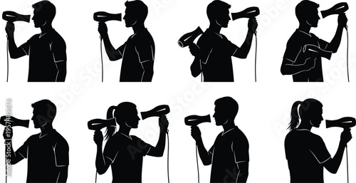 Silhouette people using hair dryers in grooming activity, stylized illustration showing personal care, beauty routine, hair styling equipment and household appliance design for salon and home use