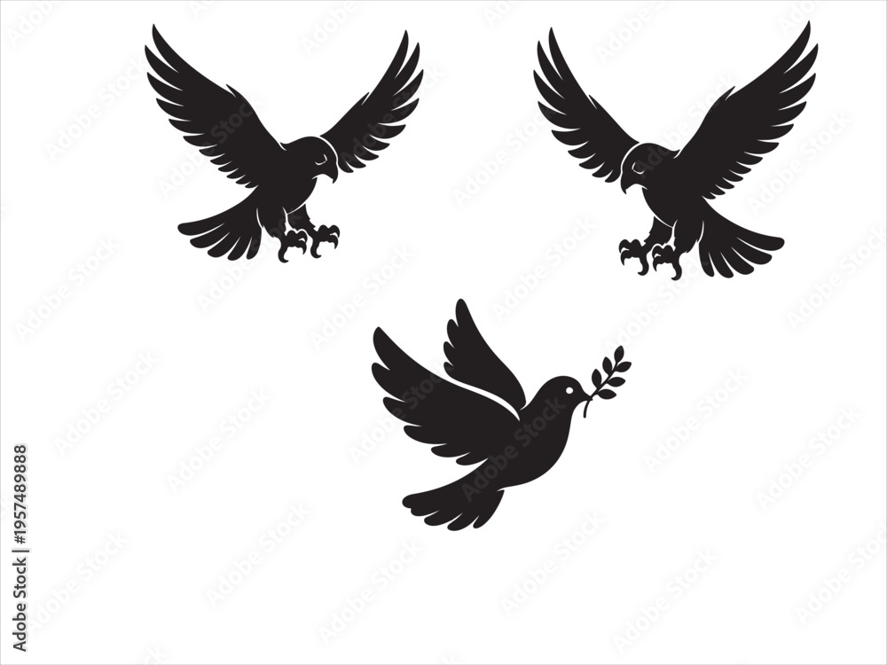 Fototapeta premium Three black silhouettes of birds in flight with one carrying olive branch.