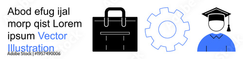 Career development, education, business, workforce, training, and skill-building. Black briefcase, gear icon graduate cap in blue and black. Career development and education