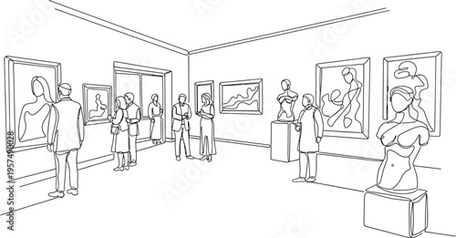 art gallery interior with paintings and sculptures