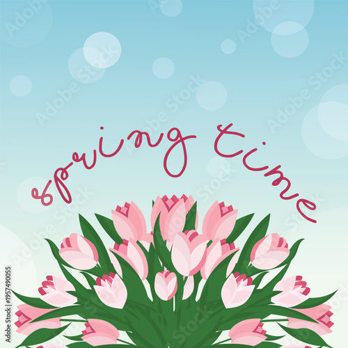 Tulips bouquet background and spring time lettering. Celebration and greeting card with tulips.Vector Illustration