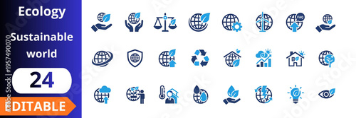 Ecology sustainable world flat icons set. environment, renewable energy, global protection, recycling, green technology, climate, nature care, eco system