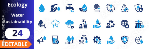 Ecology water sustainability flat icons set. water conservation, eco system, clean supply, recycling process, filtration system, global resources, environment protection