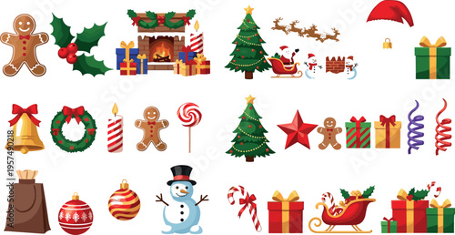 Christmas Holiday Icon Set with Santa Sleigh, Tree, Gifts, Gingerbread, Snowman, Decorations and Festive Winter Elements Vector Illustration