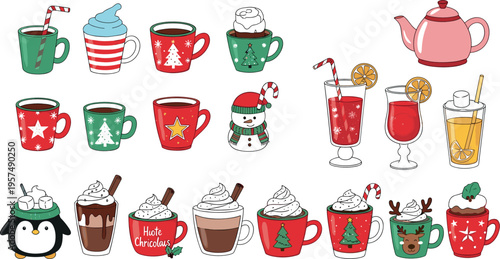 Christmas Drink Collection with Coffee Cups, Teapot, Festive Mugs, Holiday Beverages and Cute Winter Characters Vector Illustration Set