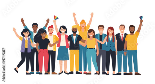 Happy Diverse Community Waving and Celebrating Together, Embodying Unity, Inclusion, and LGBTQ+ Pride