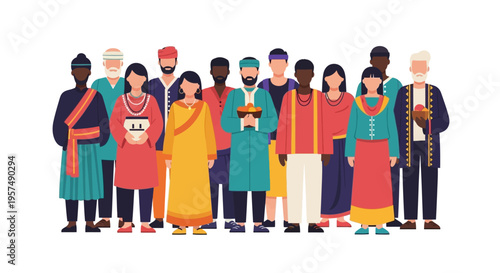 Multicultural Community Celebrating Unity. Diverse People in Traditional Clothing, Global Culture & Heritage Concept.