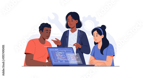Diverse Team Collaborating on Software Development, Coding, and IT Project Learning with Mentor - Flat Illustration