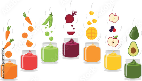 Collection of Organic Baby Food Jars with Falling Ingredients featuring Carrot, Peas, Beetroot, Mango, Apple, and Avocado for Healthy Child Nutrition and Canning Designs