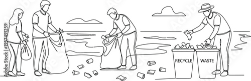 people collecting trash on beach