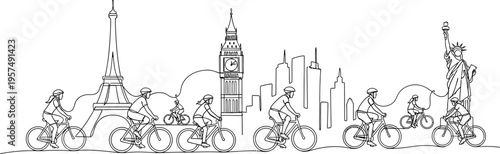 london cityscape with cyclists and famous landmarks