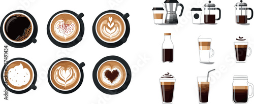 Coffee Drinks Collection with Top View Cups, Latte Art, Espresso, Cappuccino and Brewing Equipment Vector Illustration Set
