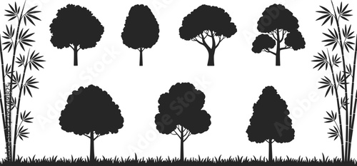 WebTree silhouette illustration, bamboo plants, grass ground, forest outline, nature art, botanical sketch, landscape pattern, plant drawing, environmental graphic, foliage design