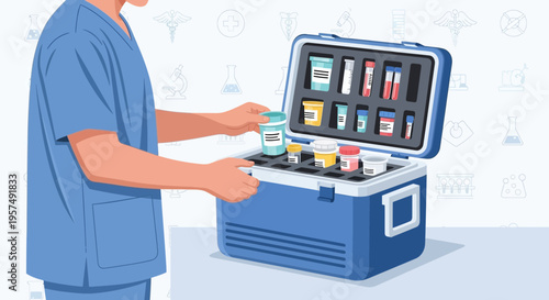 Medical professional organizing samples in a cooler for transport, laboratory research