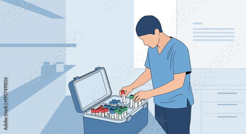 Medical professional organizing samples in a cooler for transport, laboratory setting