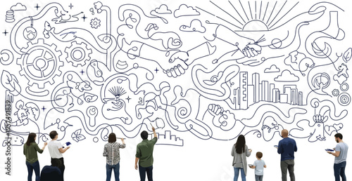 People looking at a large abstract mural