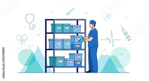 Medical professional organizing supplies on shelves in a hospital storage room, healthcare concept