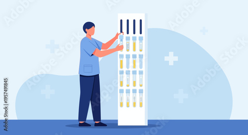 Medical professional organizing test tubes in a laboratory rack, healthcare research concept