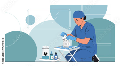 Medical professional performing diagnostic test with lab equipment and biohazard symbols