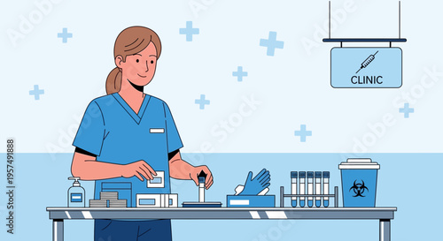 Medical professional preparing for diagnostic test in clinic laboratory with equipment