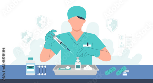 Medical professional preparing vaccine injection with syringe and vial, healthcare concept