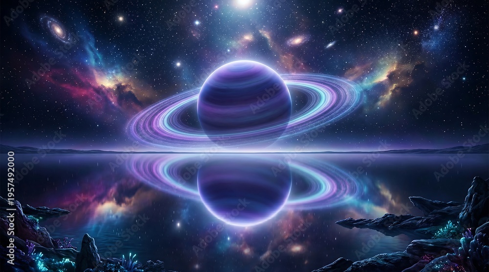 Obraz premium Vibrant Purple Planet with Glowing Rings in Space
