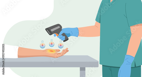 Medical professional uses infrared thermometer to check arm temperature, indicating fever or inflammation.