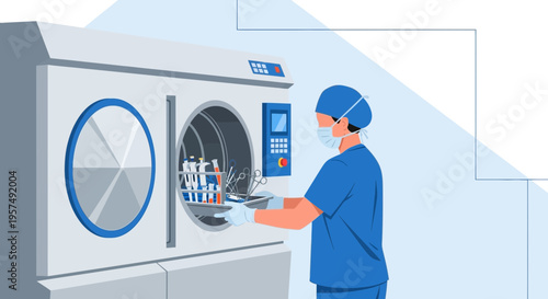 Medical professional sterilizing surgical instruments in an autoclave machine