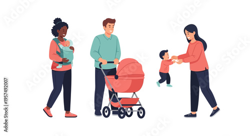 Joyful Diverse Families with Babies and Toddlers: Modern Parenting Moments & Childhood Care Illustration