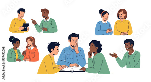 Diverse Groups Communicating, Collaborating & Learning: Modern Flat Vector Illustration Set of Social Interaction, Discussion & Education