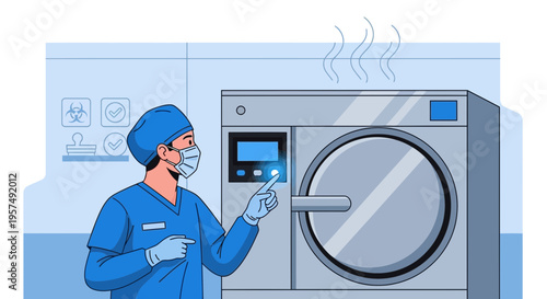 Medical professional sterilizing equipment in autoclave, healthcare, hygiene, safety concept