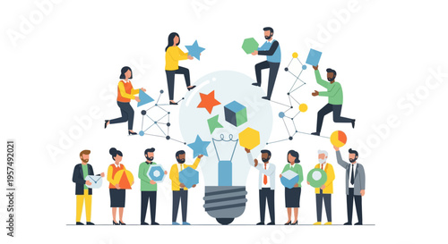 Diverse Business Team Collaborating on Innovative Ideas. Professionals Assemble Creative Concepts and Solutions Around a Lightbulb, Symbolizing Collective Brainstorming.