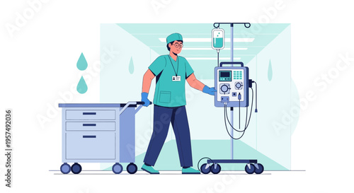 Medical professional with IV drip and medical cart in hospital corridor