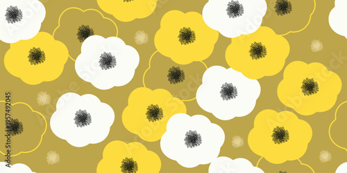 Seamless pattern of stylized yellow and white flowers with black centers on a mustard background