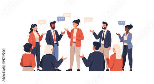 Diverse Business Team Communicating & Collaborating: Group Discussion with Speech Bubbles