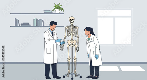 Medical Professionals Examining Human Skeleton in Laboratory Setting
